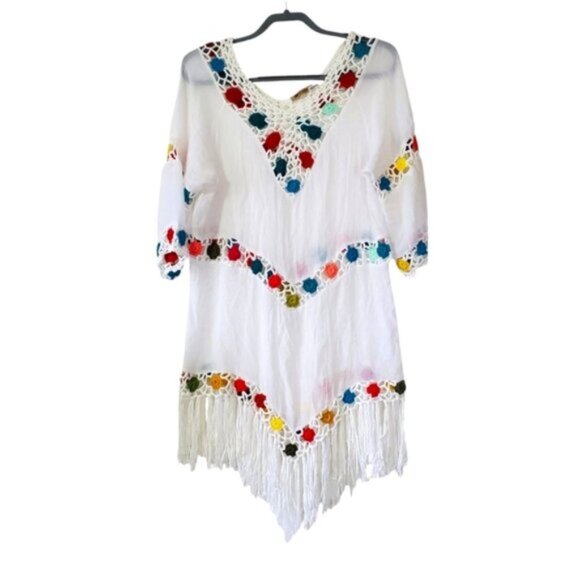 Vintage Crochet Boho Fringe Cotton Katfan Swim Cover Costal Dress L - Picture 1 of 9